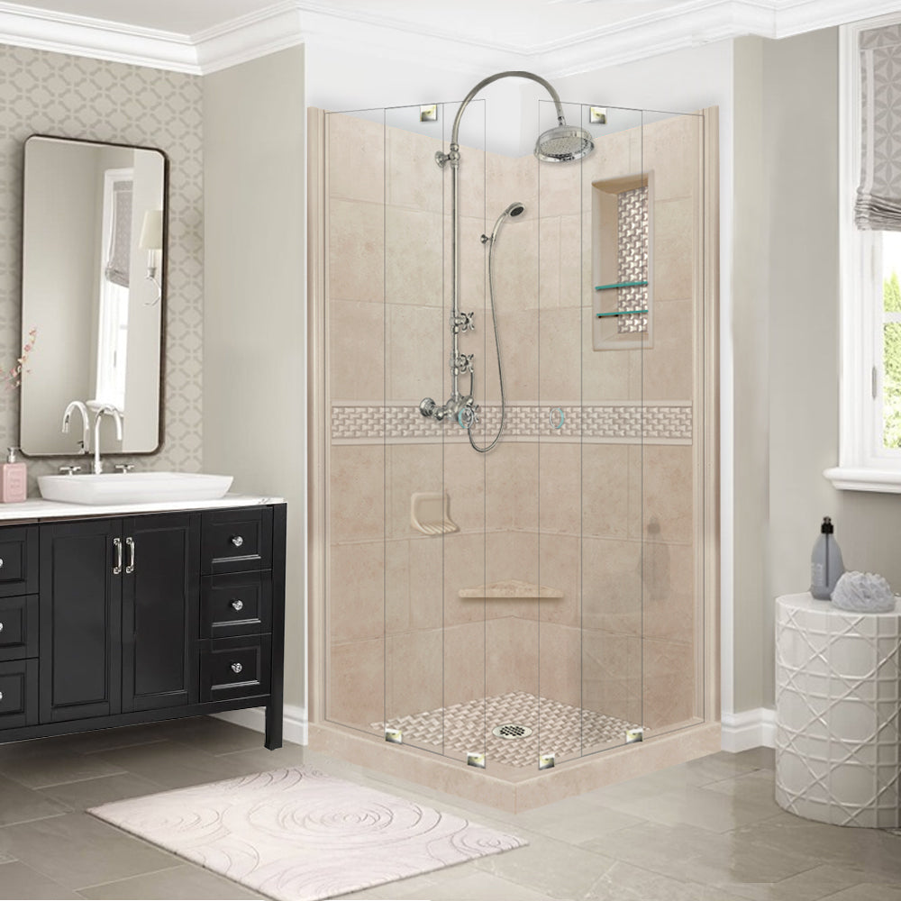 Corner Brown Sugar Sistine Stone & Jewel Stone Accent Shower Remodel Kit