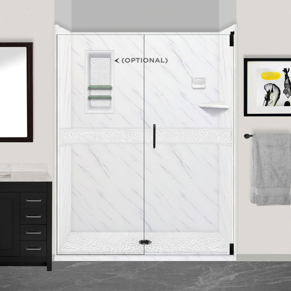 60" Alcove Carrara Medici Marble & pebble Stone Accent Shower Remodel Kit