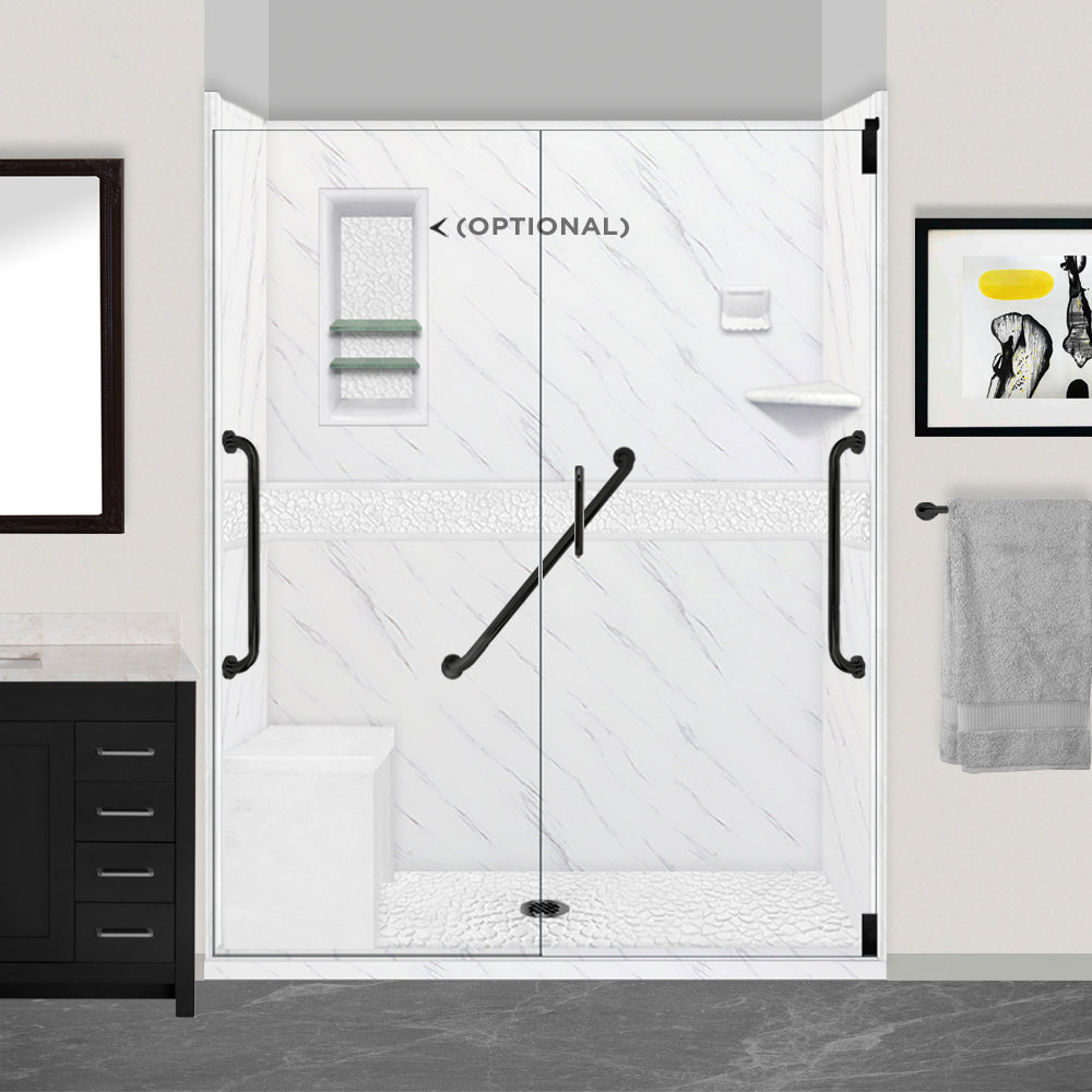 Freedom 60" Alcove Carrara Medici Marble & Pebble Stone Accent Shower Remodel Kit