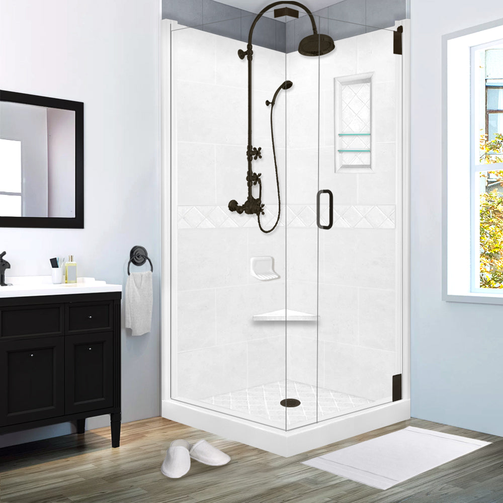 Corner Natural Buff Sistine Stone & Diamond Stone Accent Shower Remodel Kit