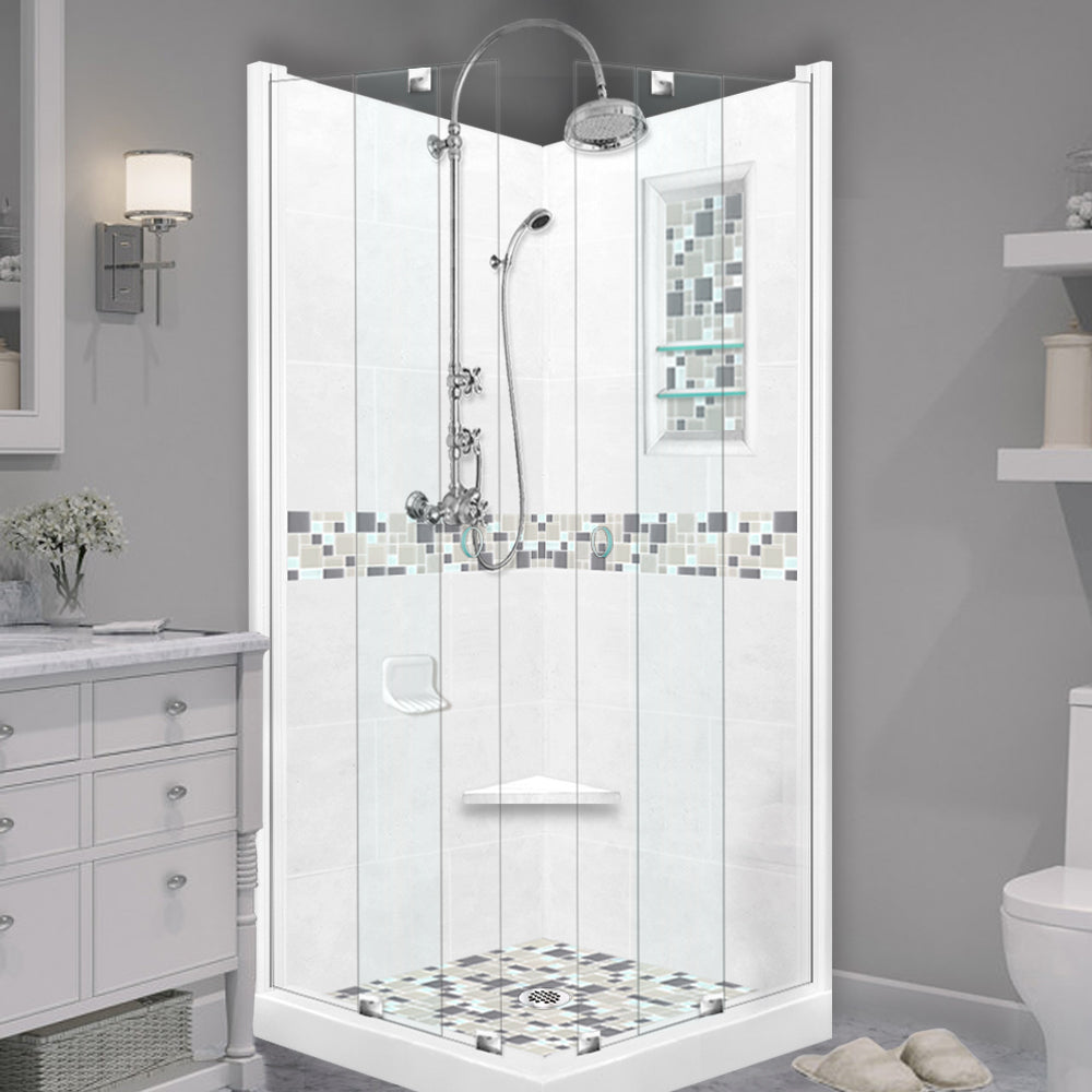 Corner Natural Buff Sistine Stone & Newport Mosaic Accent Shower Remodel Kit