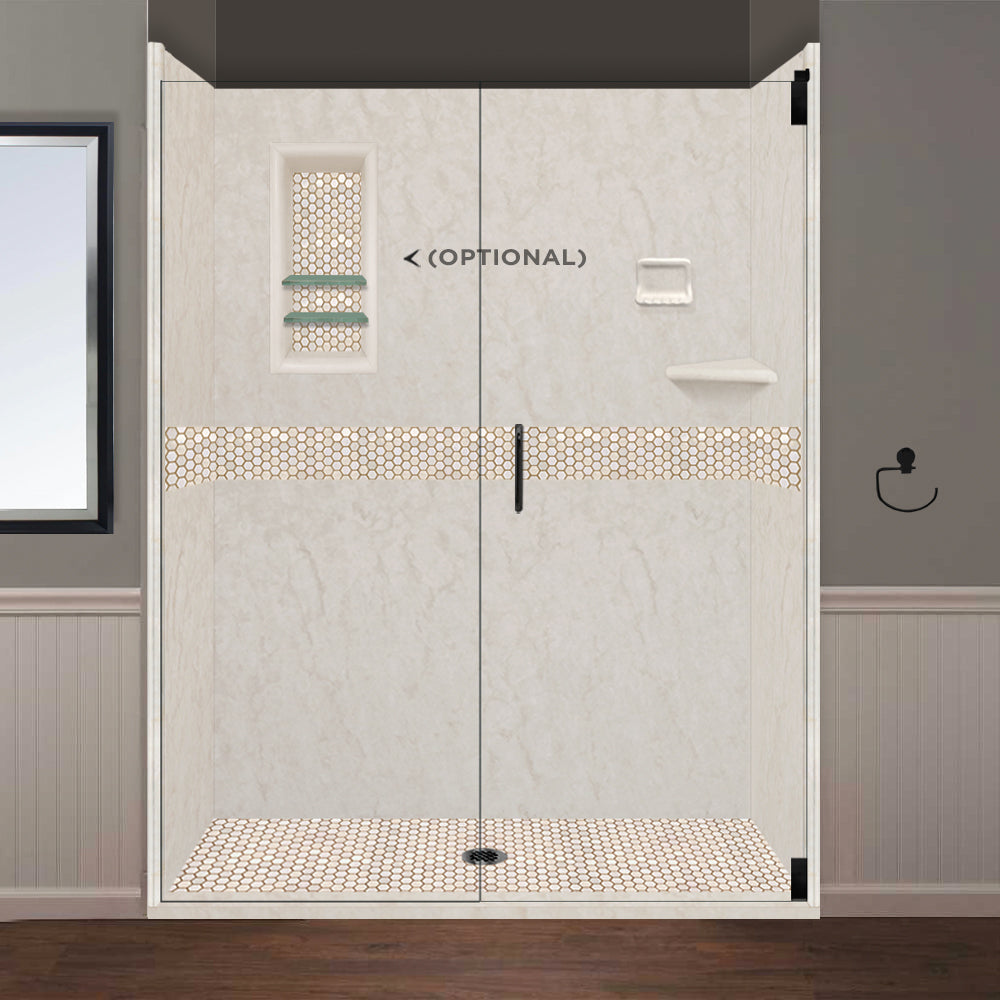 60" Alcove Rafe Medici Marble & Honey Hex Mosaic Accent Shower Remodel Kit