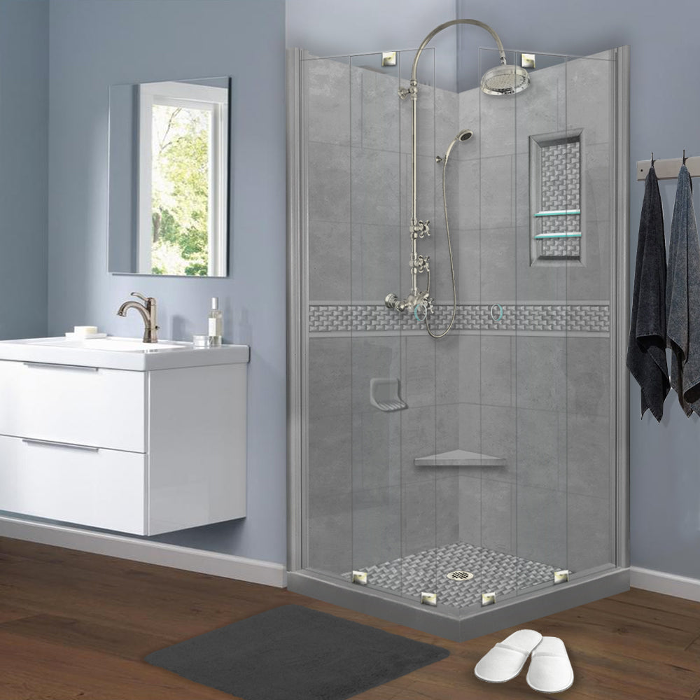 Corner Wet Cement Sistine Stone & Jewel Stone Accent Shower Remodel Kit