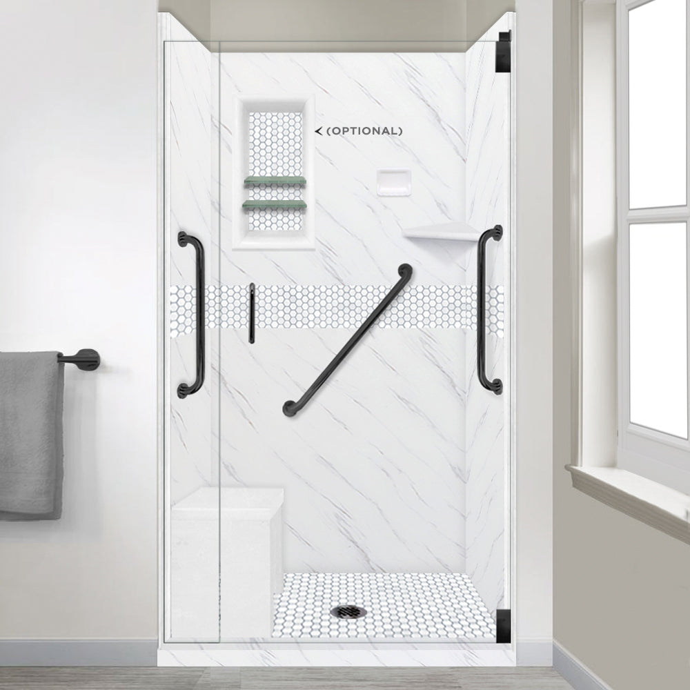 Freedom 60" Alcove Carrara Medici Marble & Pearl Hex Mosaic Accent Shower Remodel Kit