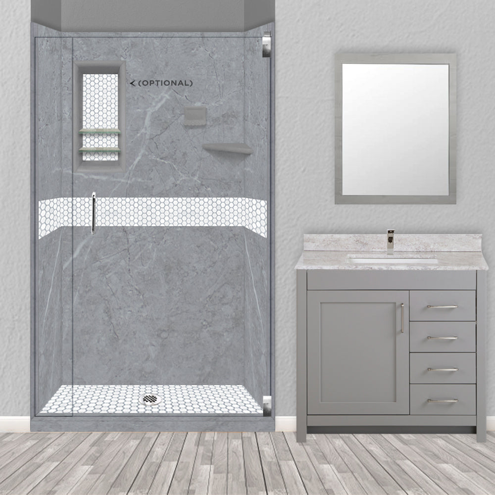 60" Alcove Grio Medici Marble & Pearl Hex Mosaic Accent Shower Remodel Kit