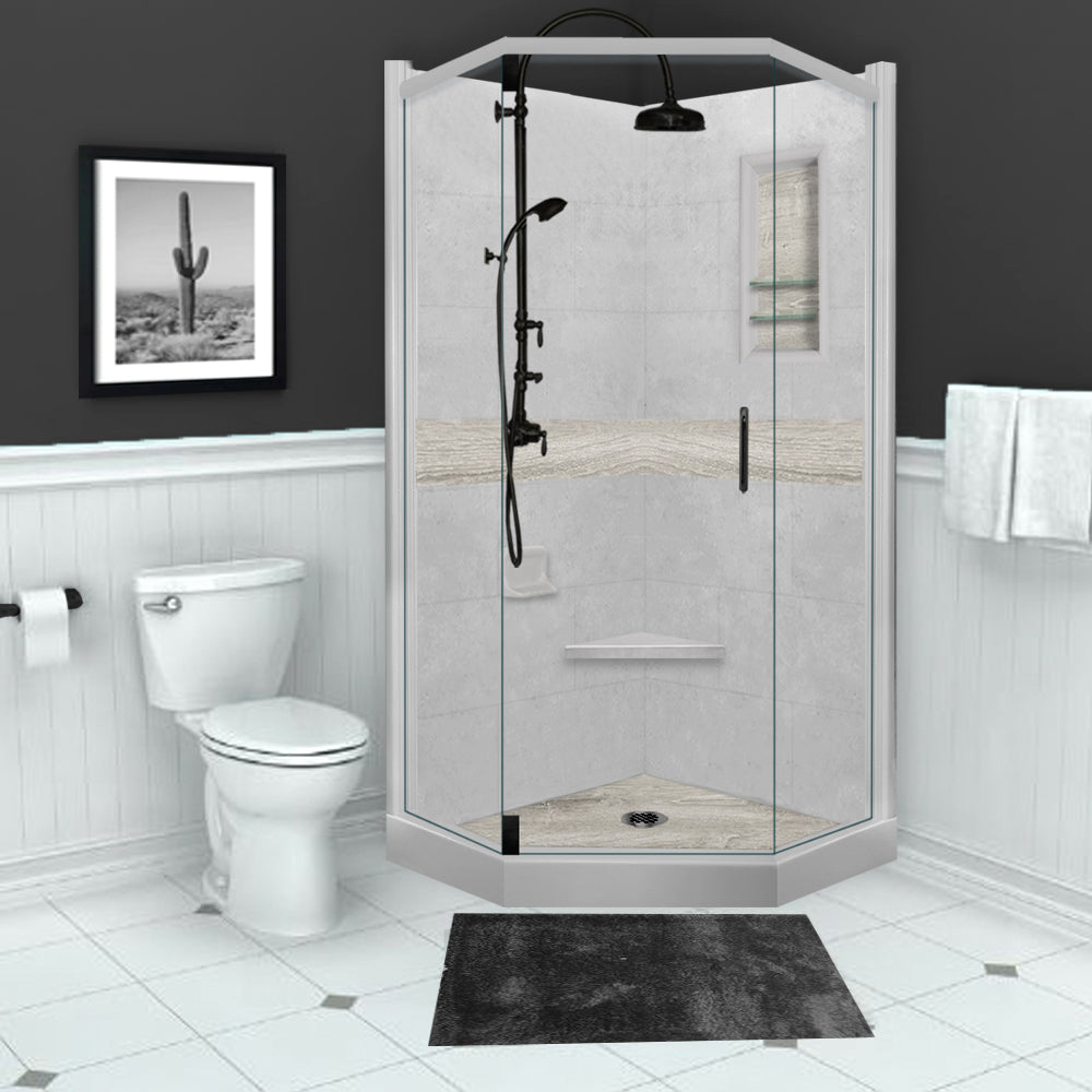 Neo-Angle Portland Cement Sistine Stone & Sterling Oak Wood Accent Shower Remodel Kit