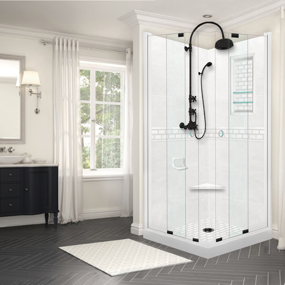 Corner Natural Buff Sistine Stone & Subway Stone Accent Shower Remodel Kit