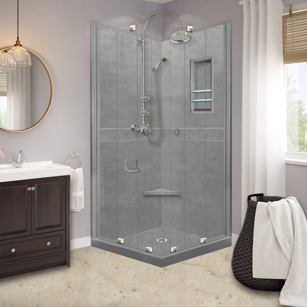 Corner Wet Cement Sistine Stone & Pebble Stone Accent Shower Remodel Kit
