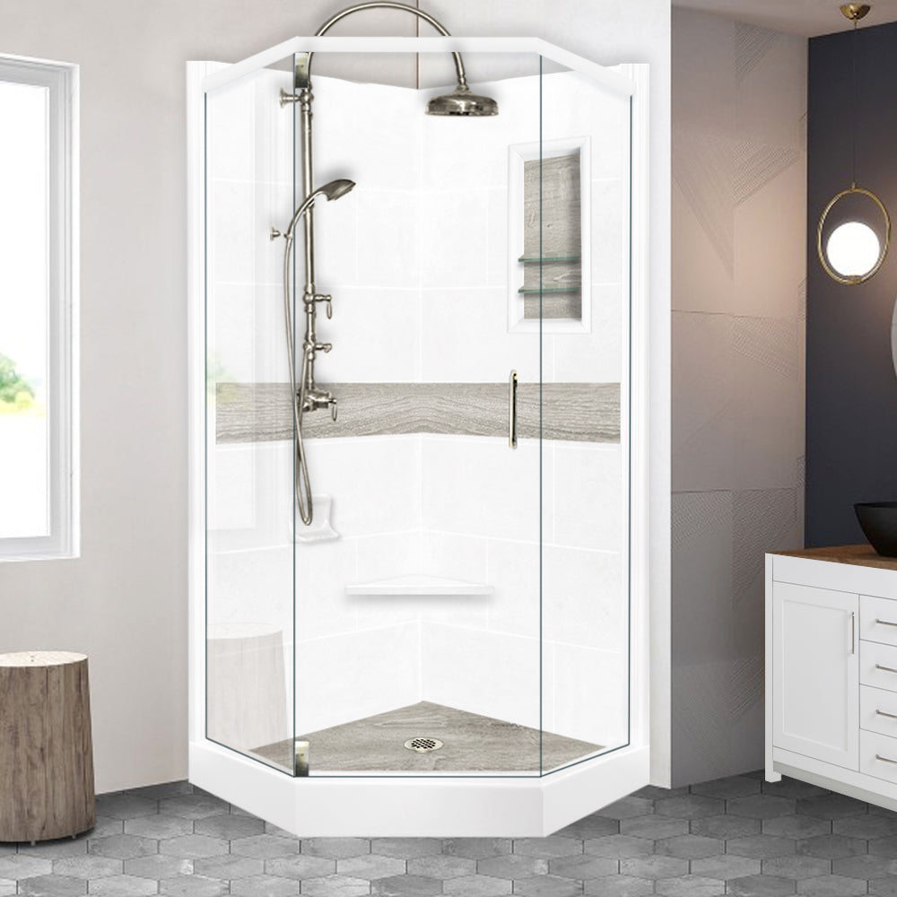 Neo-Angle Natural Buff Sistine Stone & Sterling Oak Wood Accent Shower Remodel Kit