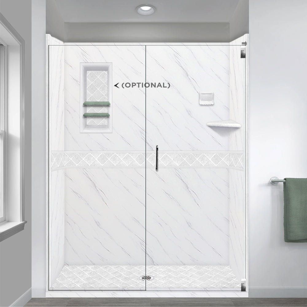 60" Alcove Carrara Medici Marble & Diamond Stone Accent Shower Remodel Kit