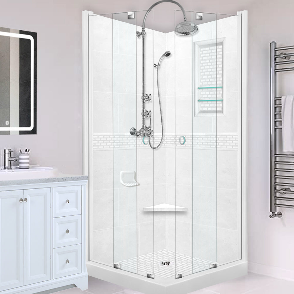 Corner Natural Buff Sistine Stone & Classic Stone Accent Shower Remodel Kit