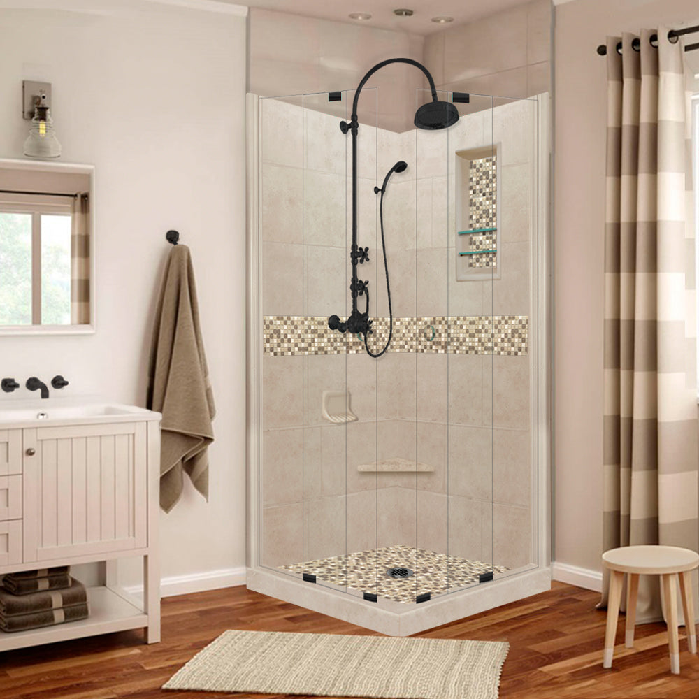 Corner Brown Sugar Sistine Stone & Roma Mosaic Accent Shower Remodel Kit