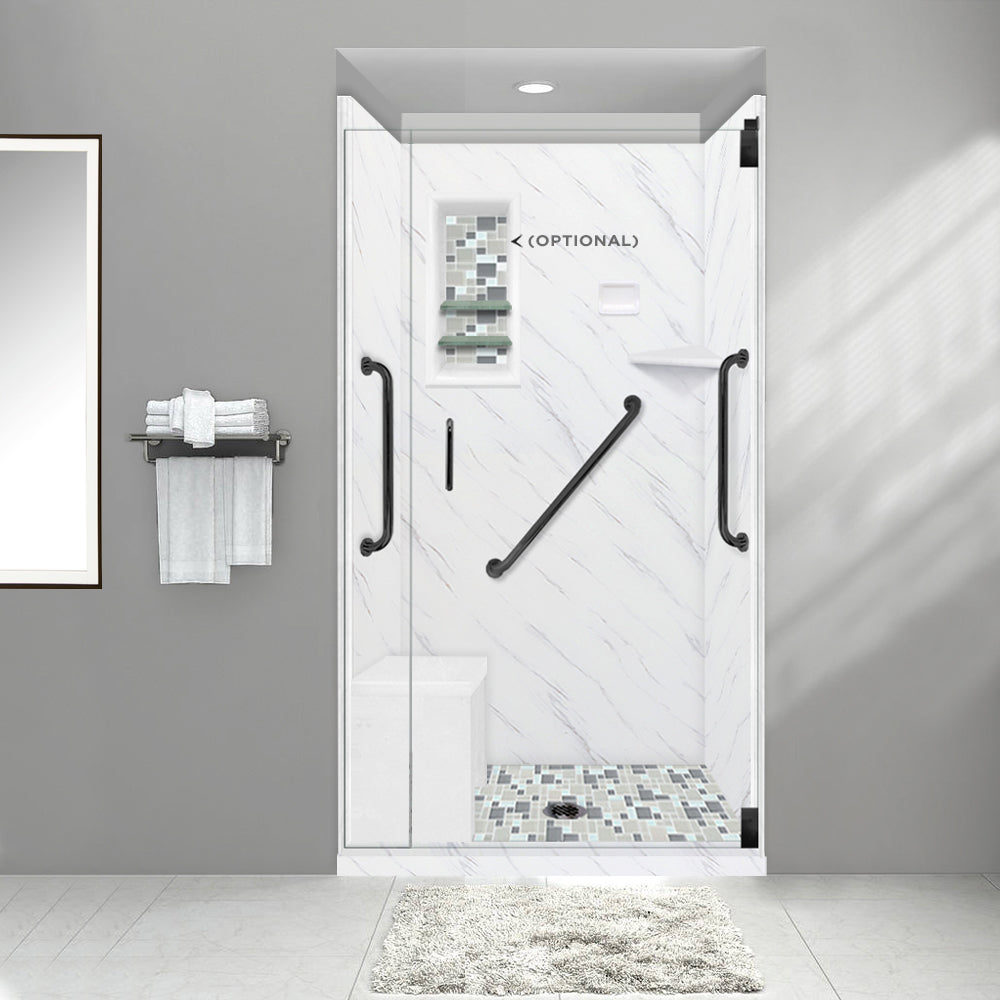Freedom Carrara Marble Newport Mosaic Alcove Shower Enclosure Kit