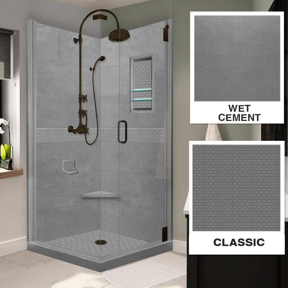 Corner Wet Cement Sistine Stone & Classic Stone Accent Shower Remodel Kit