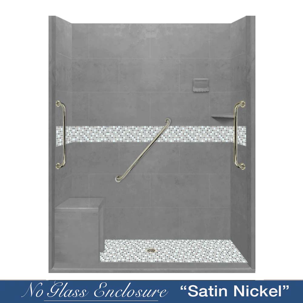 Freedom Zero 60" Alcove Wet Cement Sistine Stone & Delmar Mosaic Accent Shower Remodel Kit