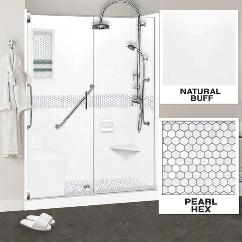 Freedom Pearl Hex Mosaic Natural Buff 60" Alcove Stone Shower Enclosure Kit