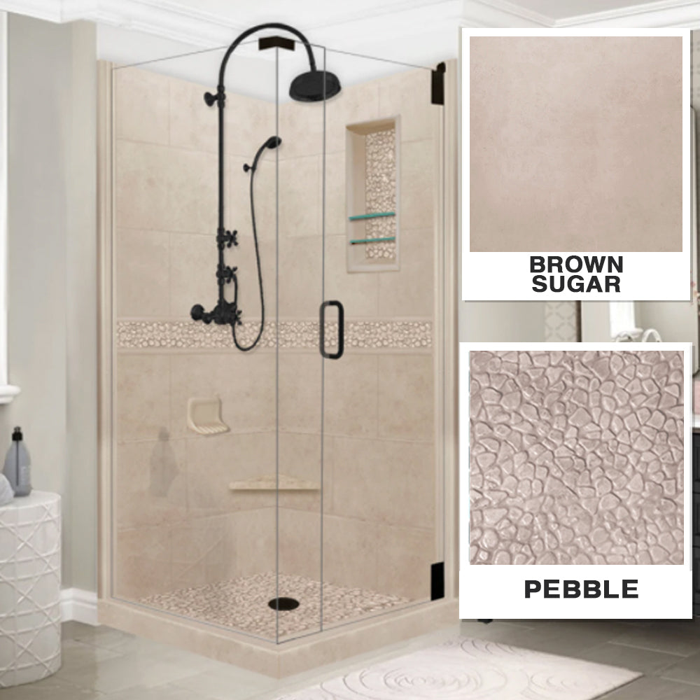 Corner Brown Sugar Sistine Stone & Pebble Stone Accent Shower Remodel Kit