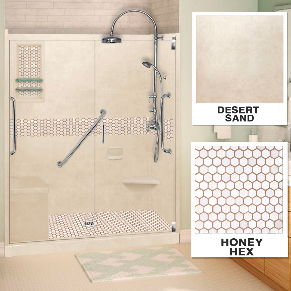 Freedom 60" Alcove Desert Sand Sistine Stone & Honey Hex Mosaic Accent Shower Remodel Kit