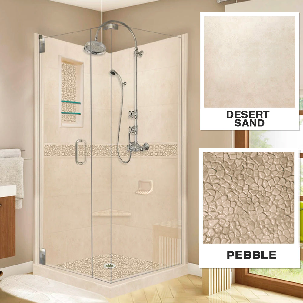 Corner Desert Sand Sistine Stone & Pebble Stone Accent Shower Remodel Kit