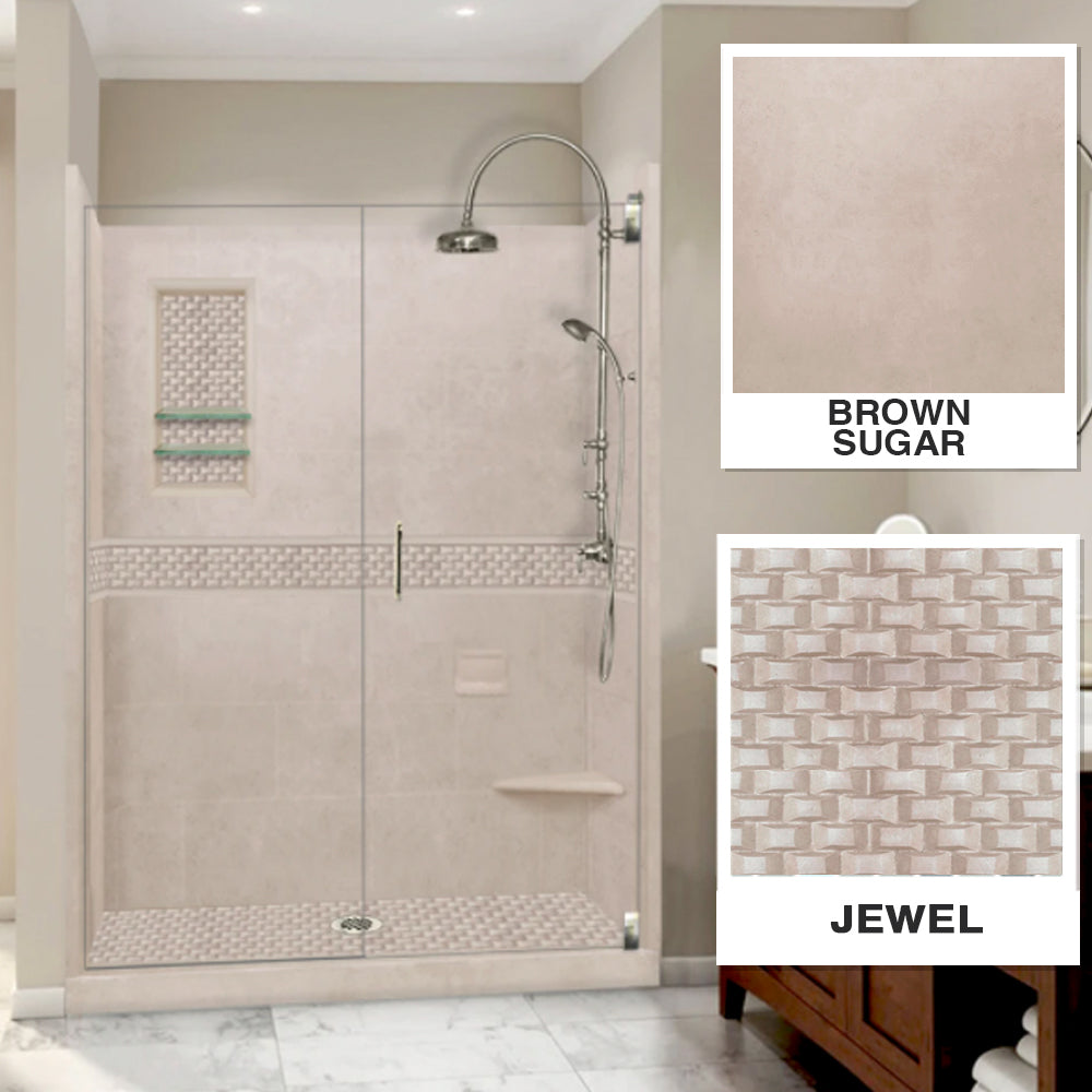 60" Alcove Brown Sugar Sistine Stone & Jewel Stone Accent Shower Remodel Kit