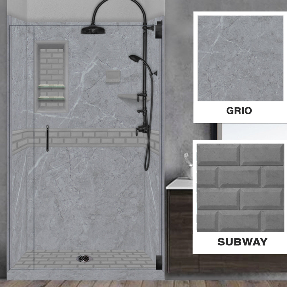 60" Alcove Grio Medici Marble & Subway Stone Accent Shower Remodel Kit
