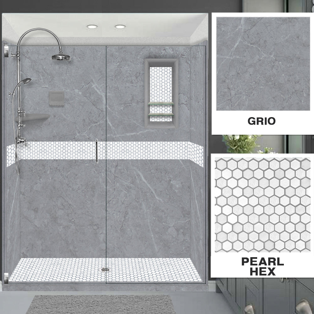 60" Alcove Grio Medici Marble & Pearl Hex Mosaic Accent Shower Remodel Kit