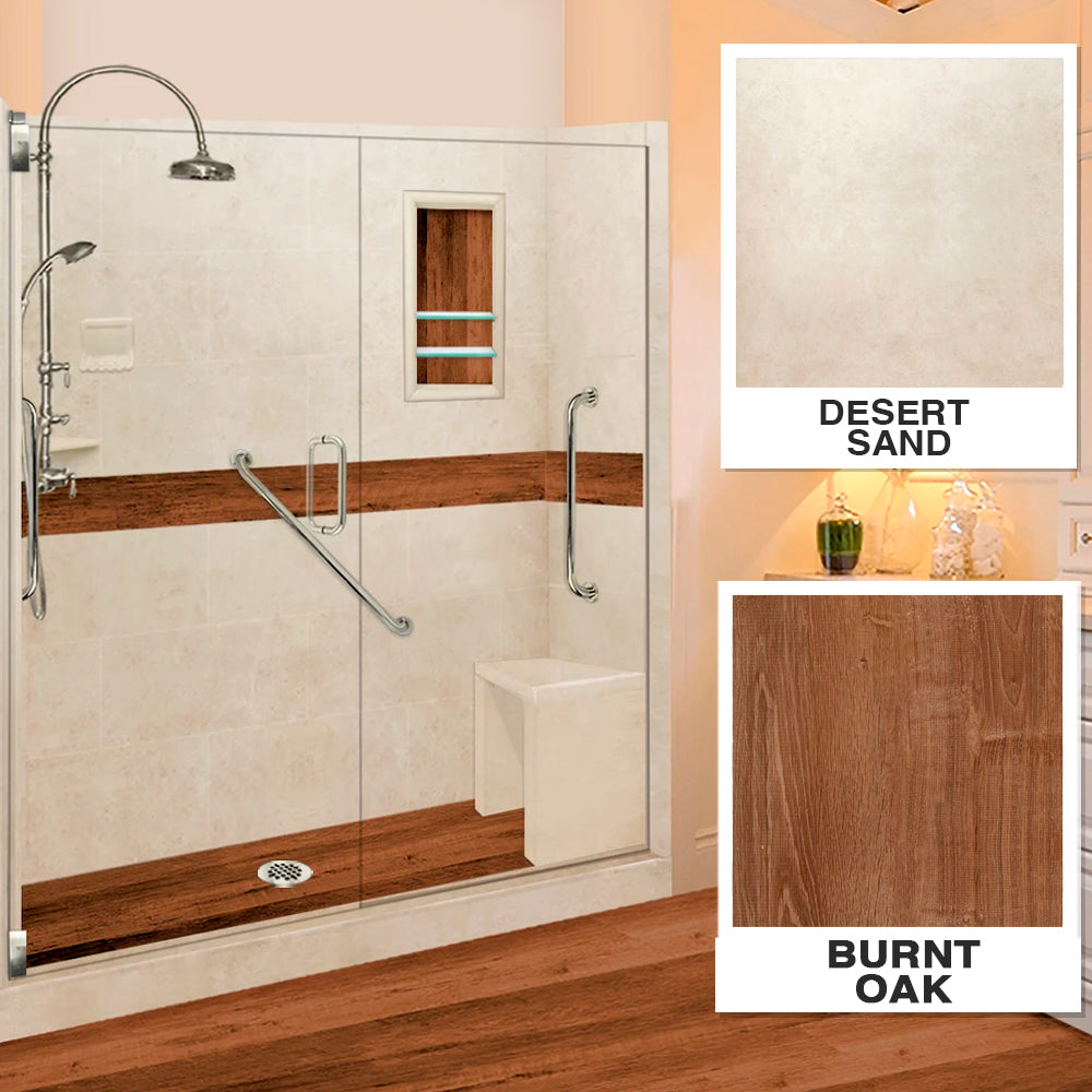Freedom 60" Alcove Desert Sand Sistine Stone & Burnt Oak Wood Accent Shower Remodel Kit