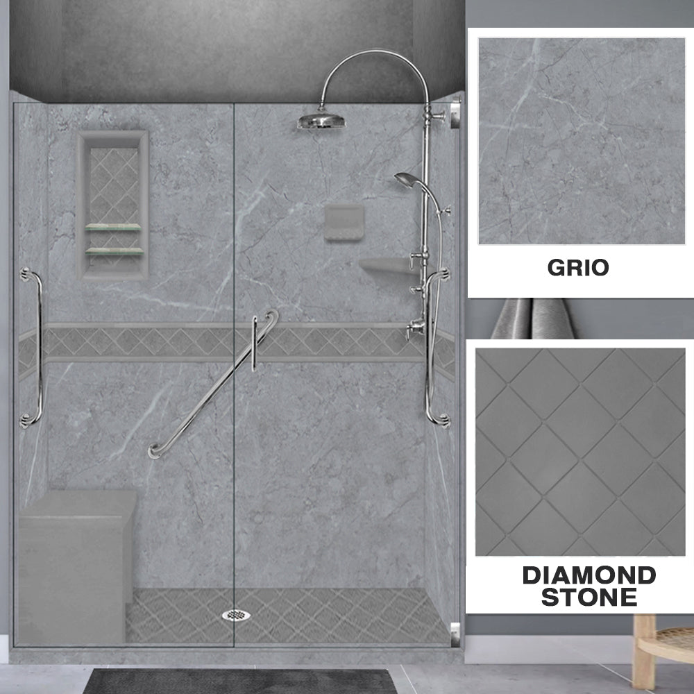 Freedom 60" Alcove Grio Medici Marble & Diamond Stone Accent Shower Remodel Kit