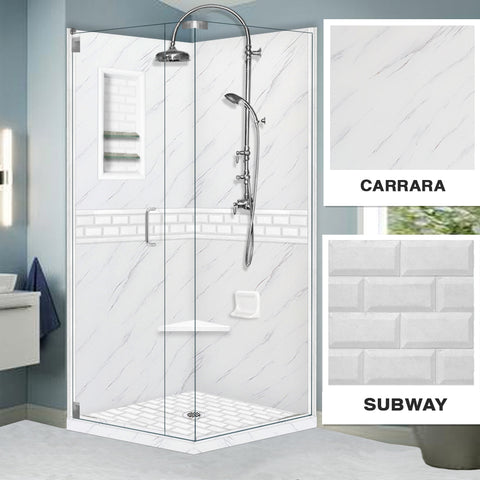 Carrara Marble Subway Corner Shower Enclosure Kit