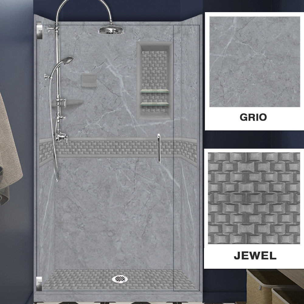 60" Alcove Grio Medici Marble & Jewel Stone Accent Shower Remodel Kit
