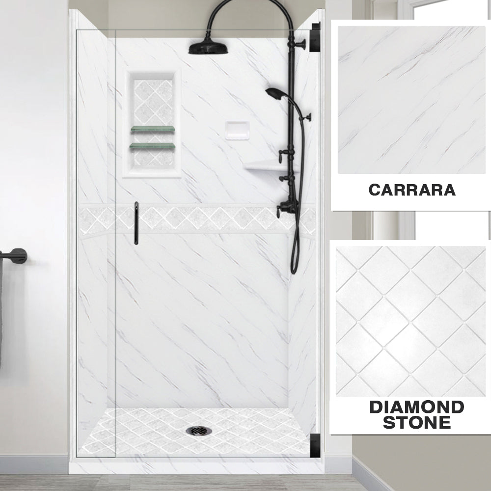 60" Alcove Carrara Medici Marble & Diamond Stone Accent Shower Remodel Kit