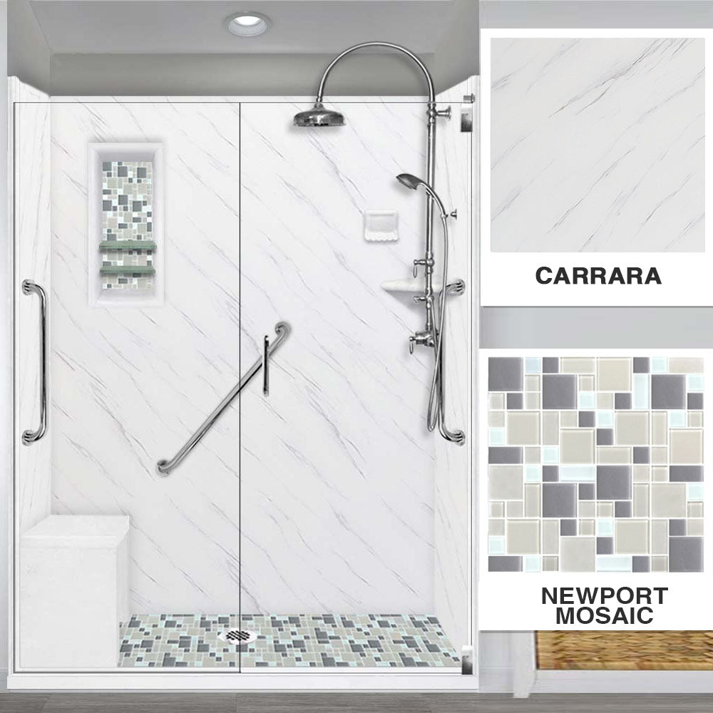 Freedom Carrara Marble Newport Mosaic Alcove Shower Enclosure Kit