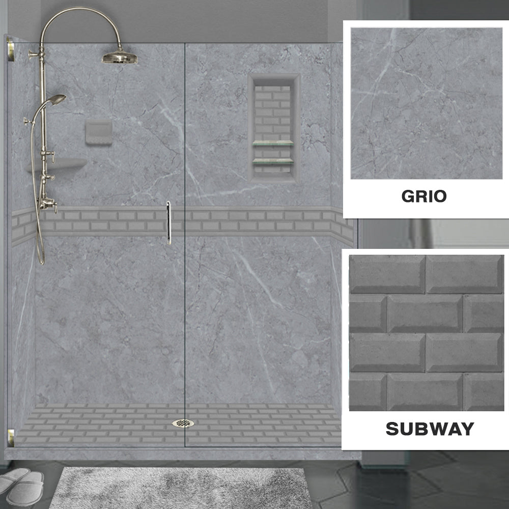 60" Alcove Grio Medici Marble & Subway Stone Accent Shower Remodel Kit