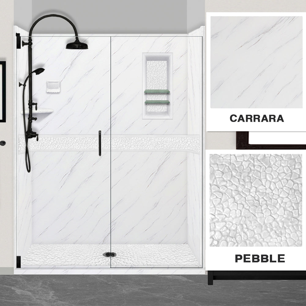 60" Alcove Carrara Medici Marble & pebble Stone Accent Shower Remodel Kit