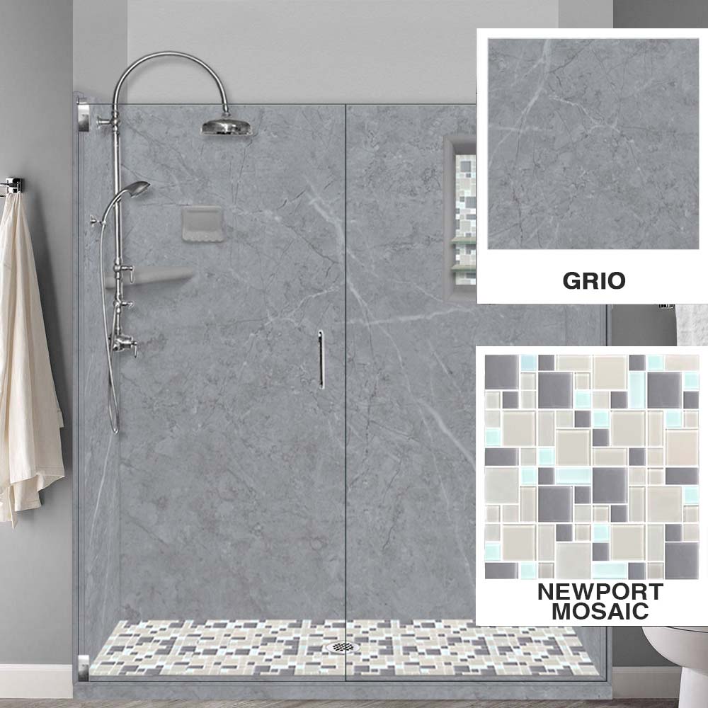 60" Alcove Grio Medici Marble & Newport Mosaic Accent Shower Remodel Kit