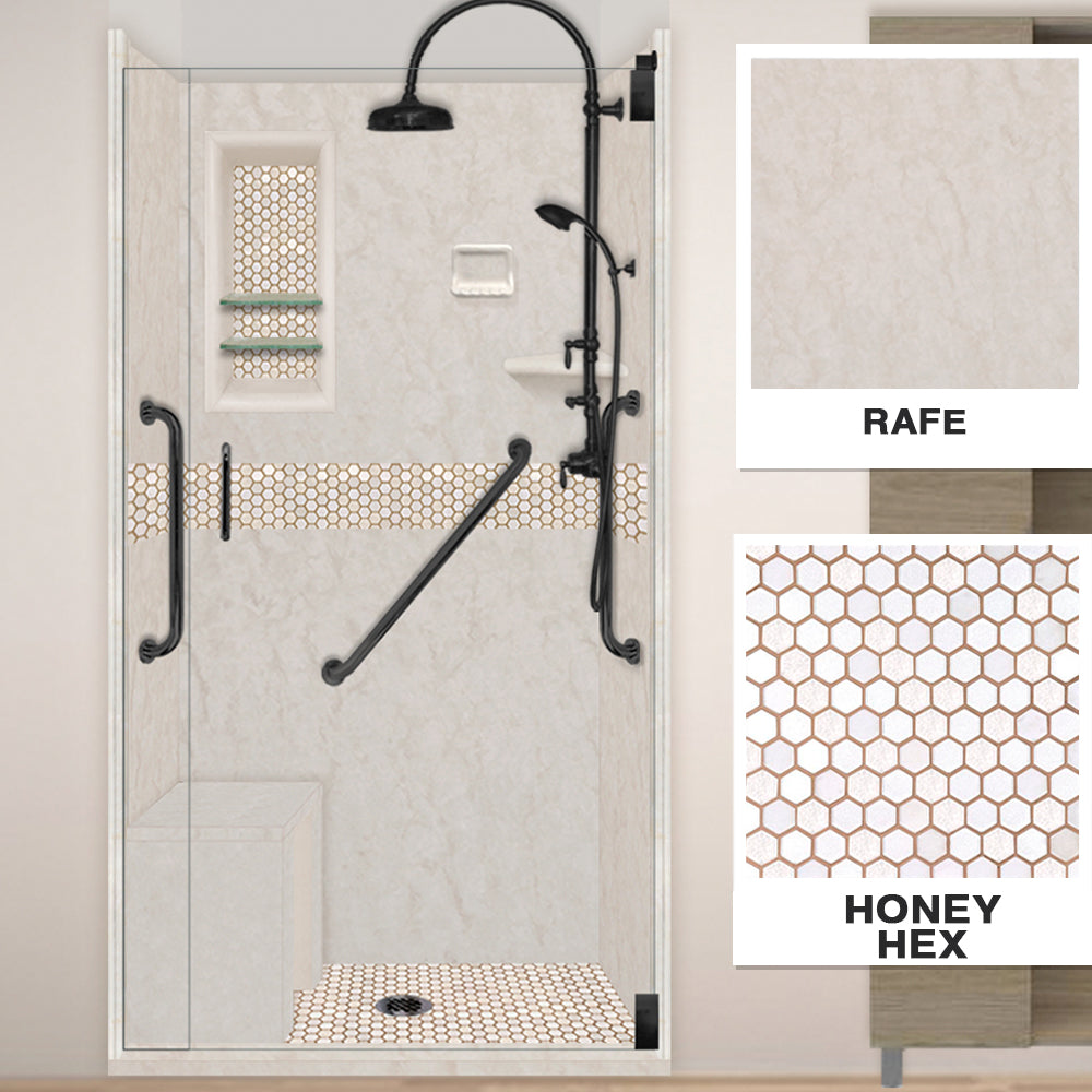 Freedom Rafe Marble Honey Hex Mosaic Alcove Shower Enclosure Kit