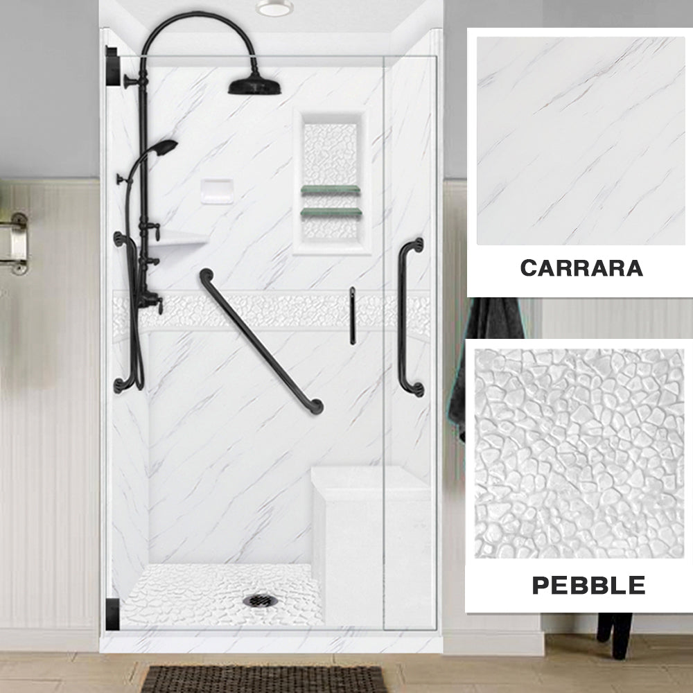 Freedom 60" Alcove Carrara Medici Marble & Pebble Stone Accent Shower Remodel Kit