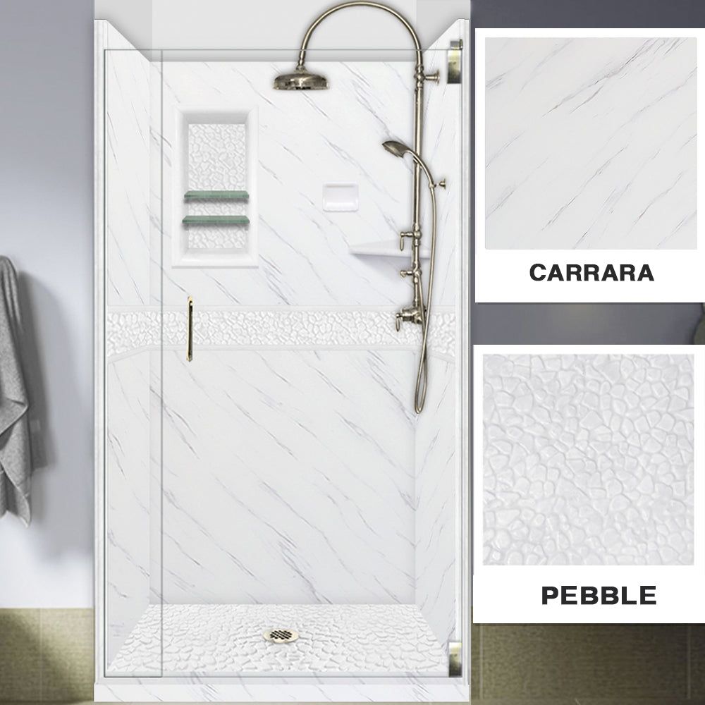 60" Alcove Carrara Medici Marble & pebble Stone Accent Shower Remodel Kit