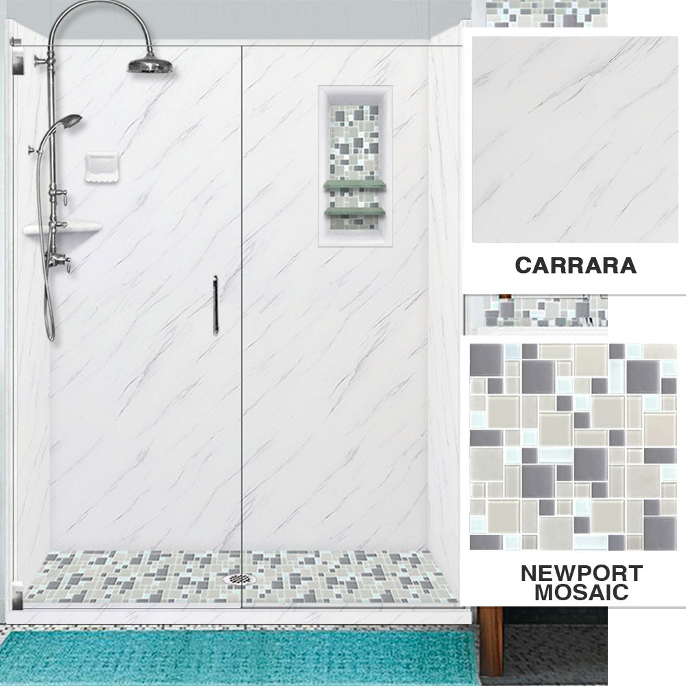 60" Alcove Carrara Medici Marble & Newport Mosaic Accent Shower Remodel Kit