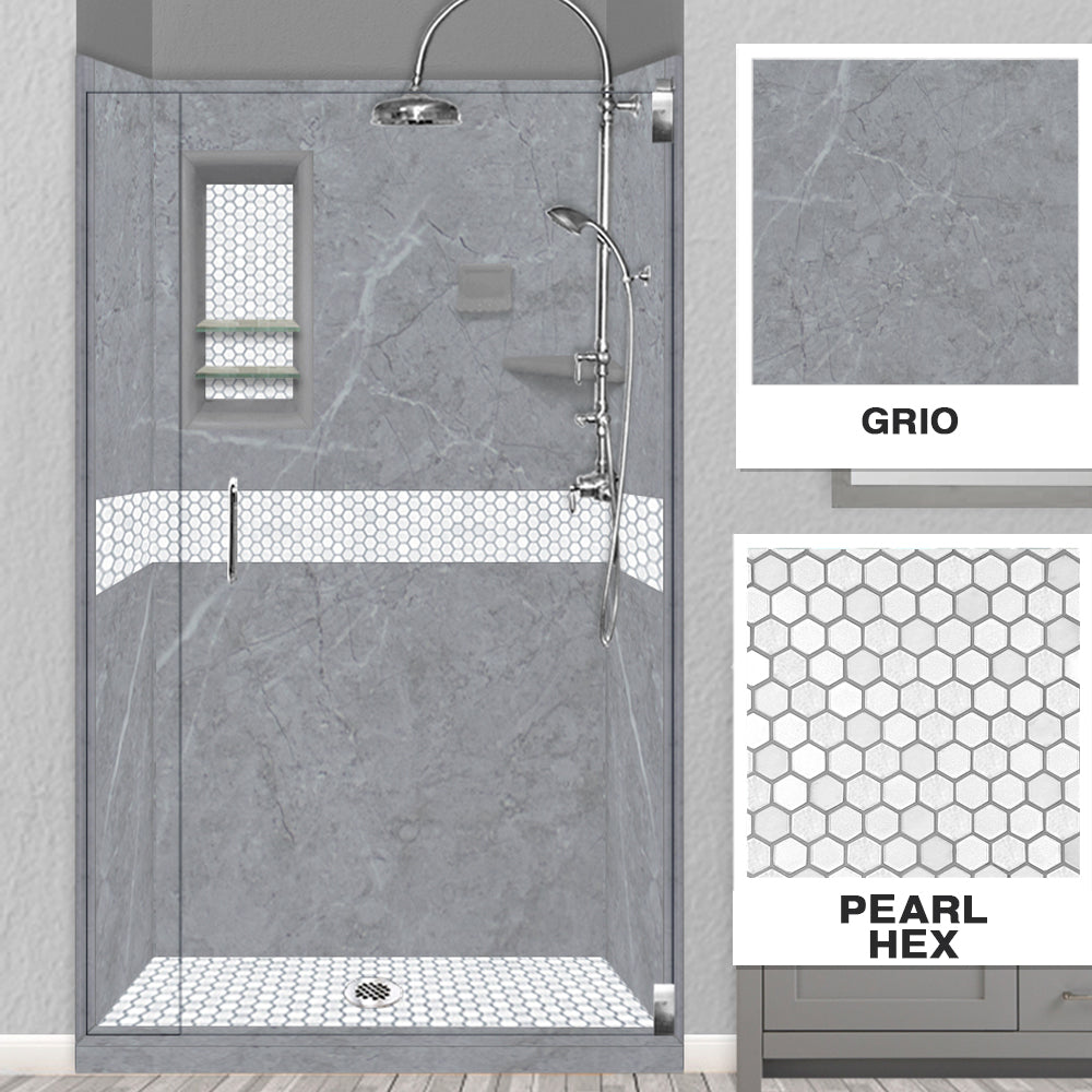 60" Alcove Grio Medici Marble & Pearl Hex Mosaic Accent Shower Remodel Kit