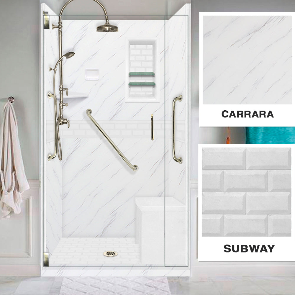 Freedom 60" Alcove Carrara Medici Marble & Subway Stone Accent Shower Remodel Kit