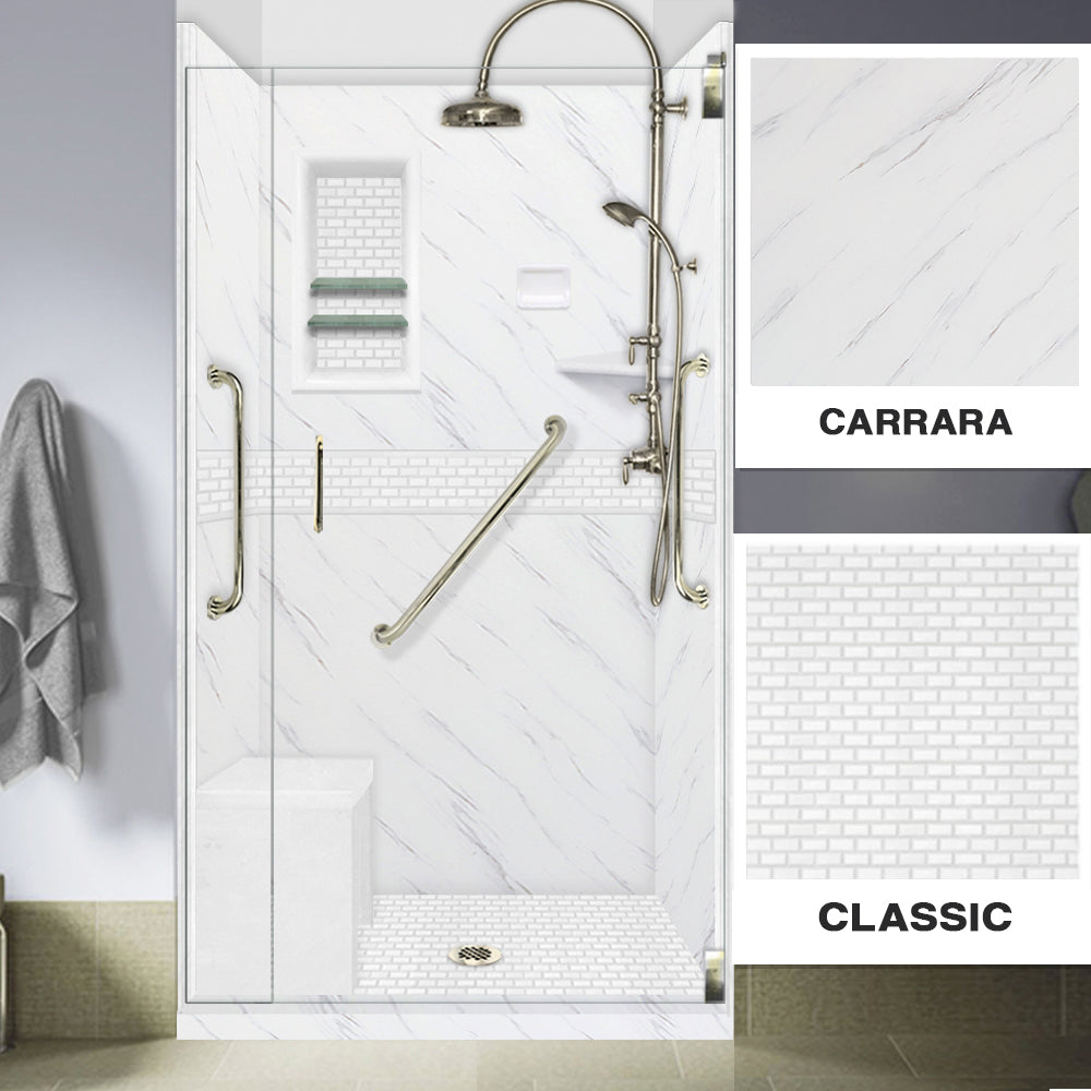 Freedom 60" Alcove Carrara Medici Marble & Classic Stone Accent Shower Remodel Kit