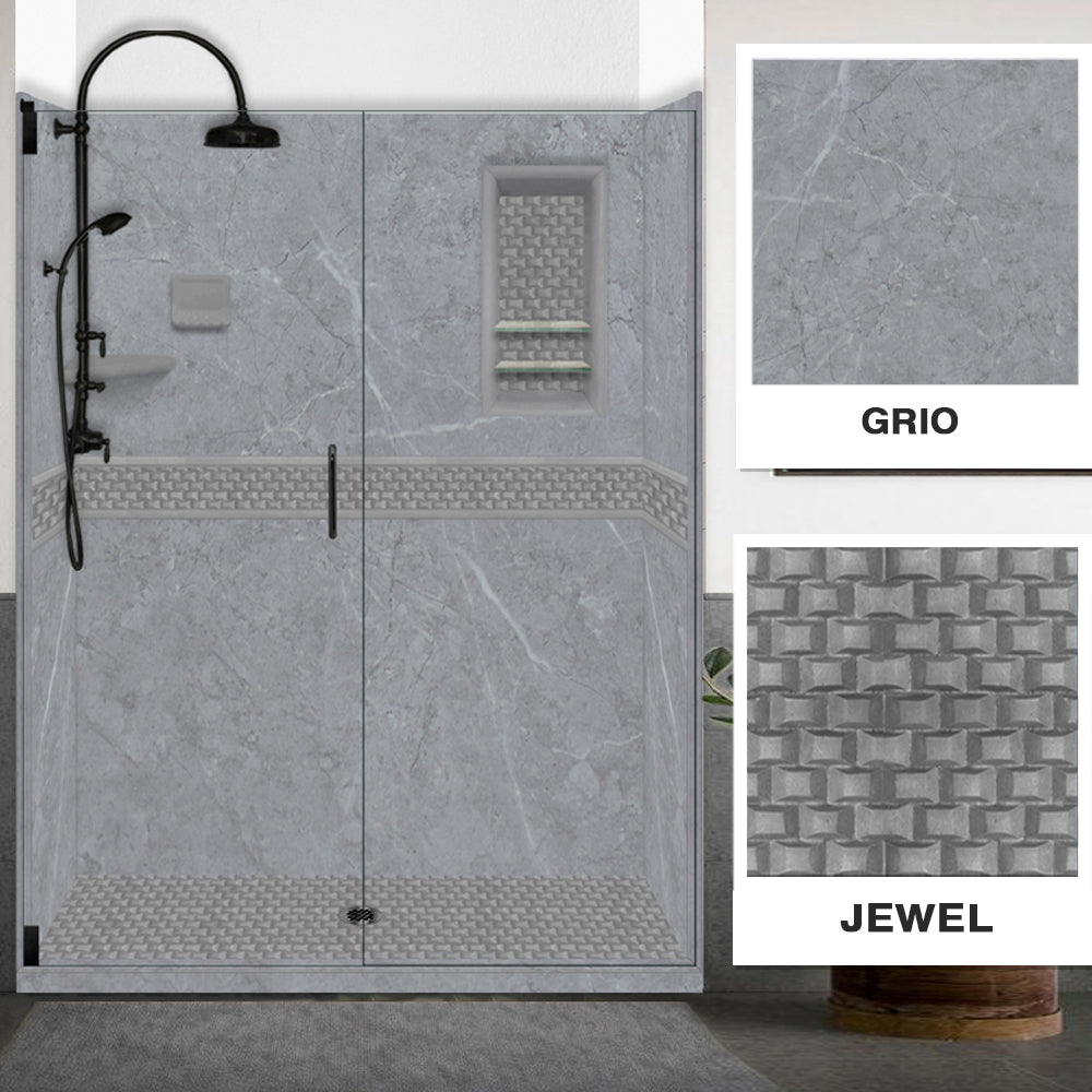 60" Alcove Grio Medici Marble & Jewel Stone Accent Shower Remodel Kit