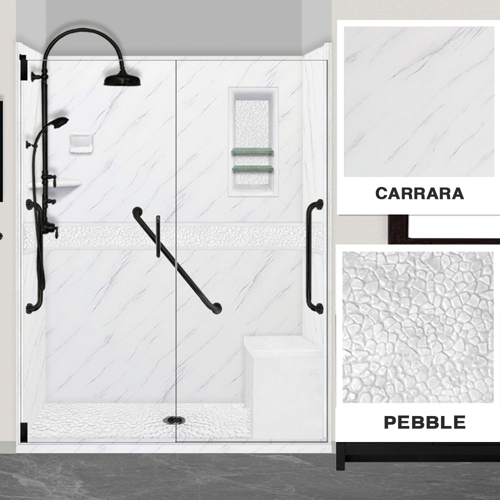 Freedom 60" Alcove Carrara Medici Marble & Pebble Stone Accent Shower Remodel Kit