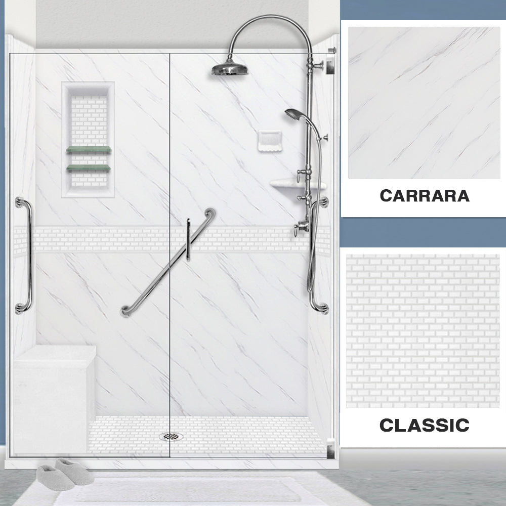 Freedom 60" Alcove Carrara Medici Marble & Classic Stone Accent Shower Remodel Kit