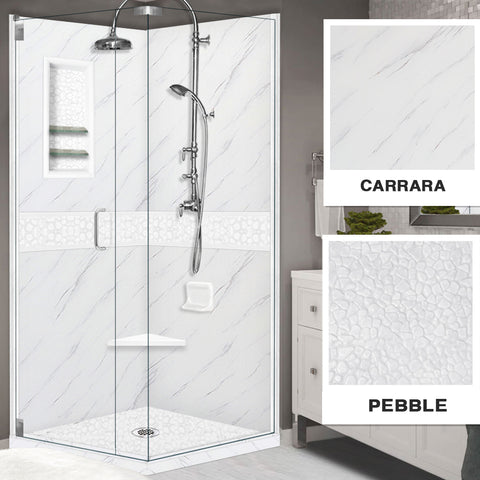 Carrara Marble Pebble Corner Shower Enclosure Kit
