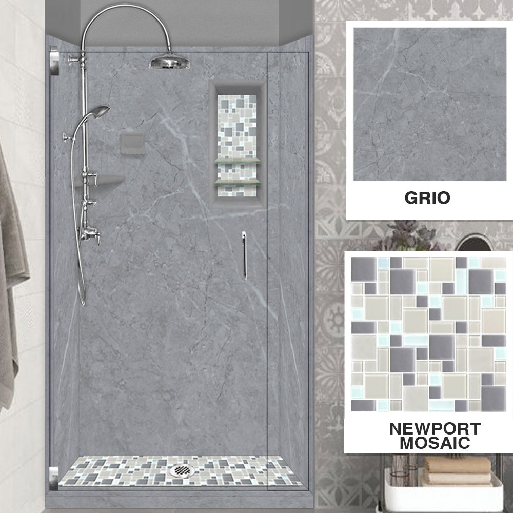 60" Alcove Grio Medici Marble & Newport Mosaic Accent Shower Remodel Kit