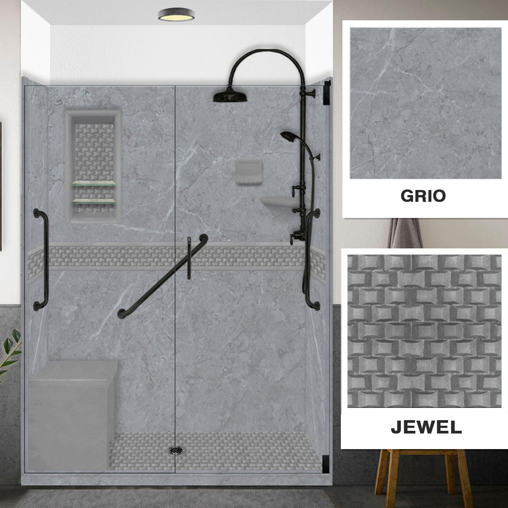 Freedom 60" Alcove Grio Medici Marble & Jewel Stone Accent Shower Remodel Kit