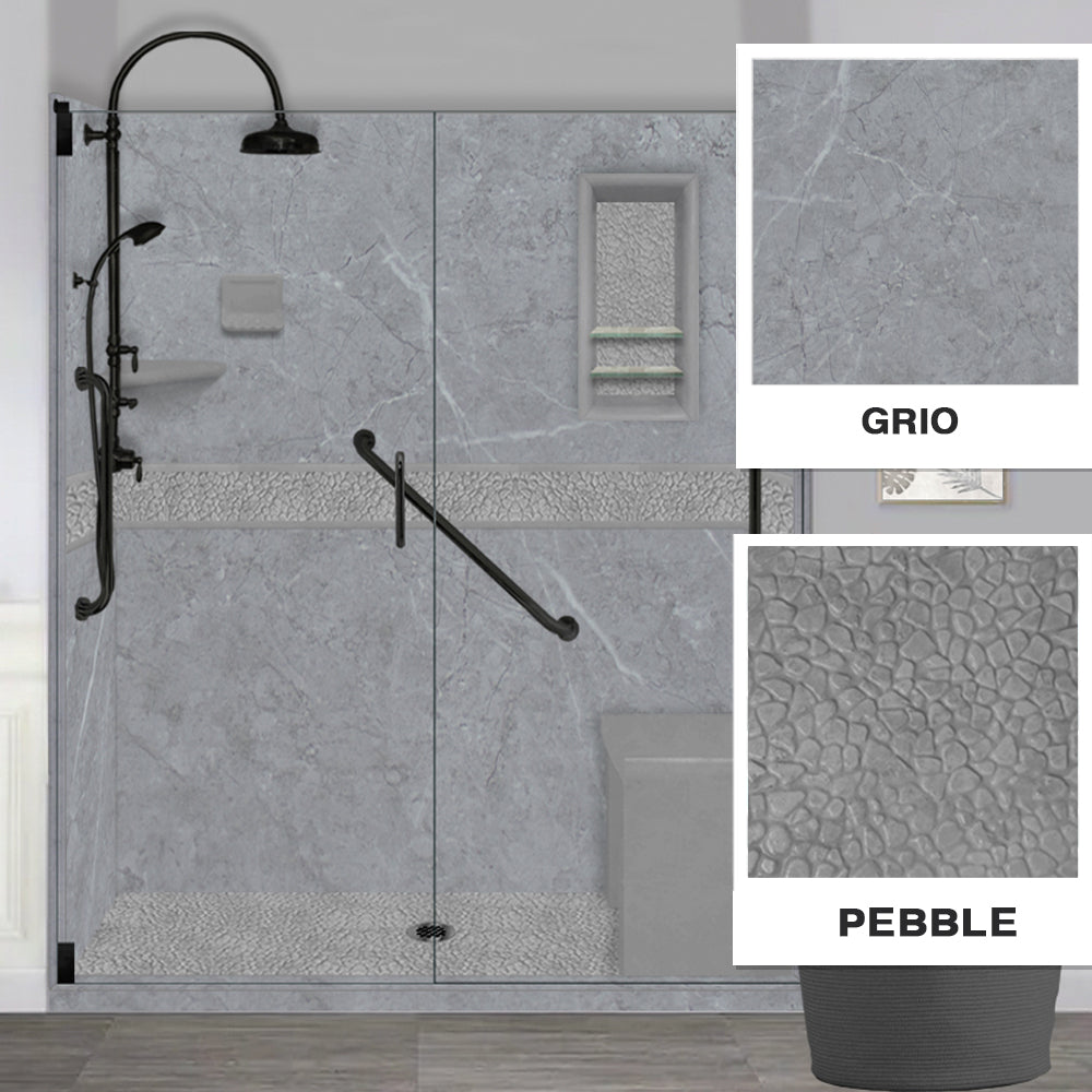 Freedom 60" Alcove Grio Medici Marble & Pebble Stone Accent Shower Remodel Kit