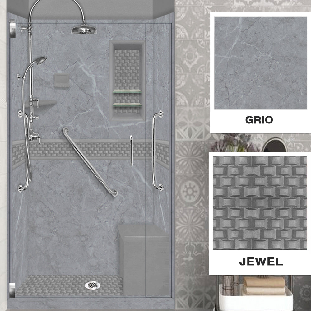 Freedom 60" Alcove Grio Medici Marble & Jewel Stone Accent Shower Remodel Kit